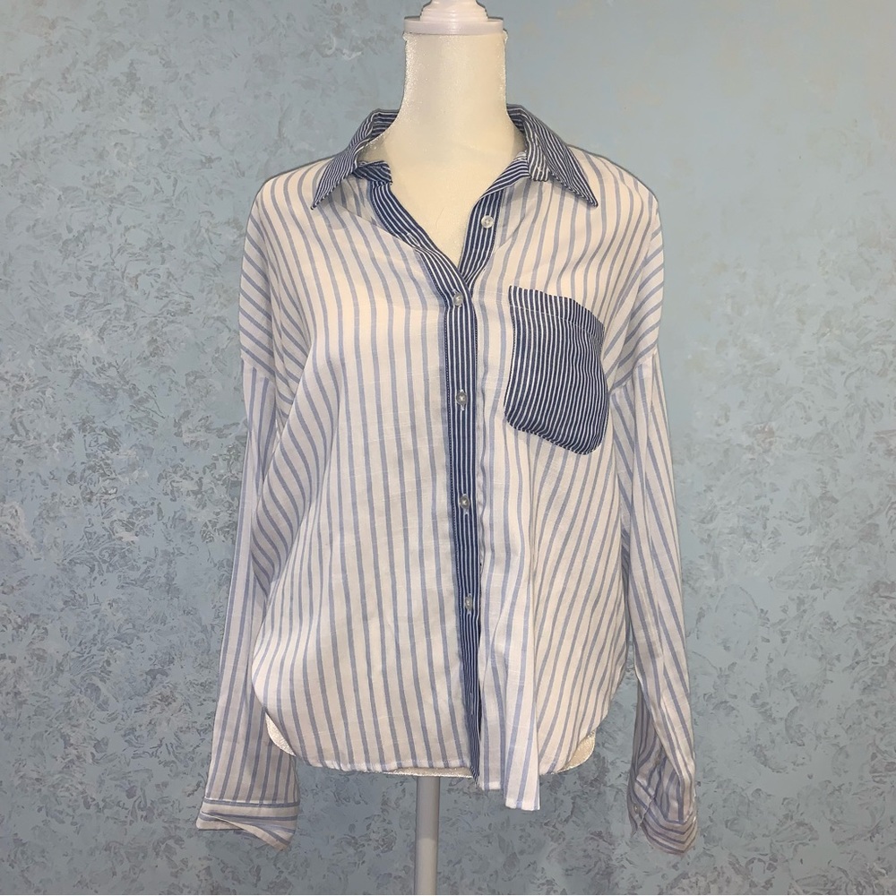 Blue and white striped button down shirt